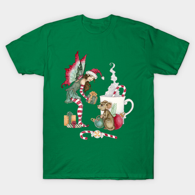 Green Christmas-themed t-shirt with whimsical elf and mouse design, featuring gifts and candy canes, perfect for festive wear.