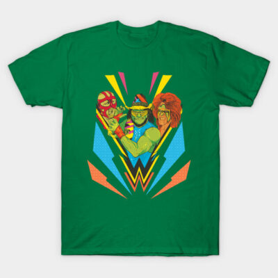 Green graphic T-shirt with colorful retro wrestler design, casual wear, 100% cotton, unisex style.