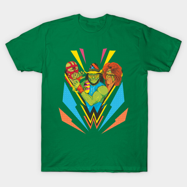 Green graphic T-shirt with colorful retro wrestler design, casual wear, 100% cotton, unisex style.