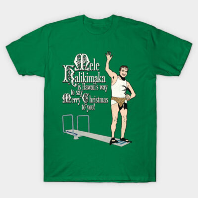Green "Mele Kalikimaka" graphic T-shirt featuring festive Hawaiian Christmas design, casual holiday wear.