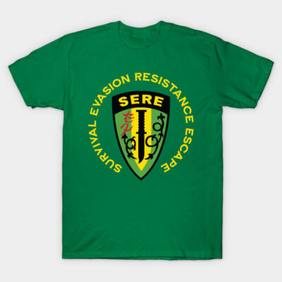 Green t-shirt with SERE emblem, featuring yellow and black design, ideal for casual wear or outdoor activities.