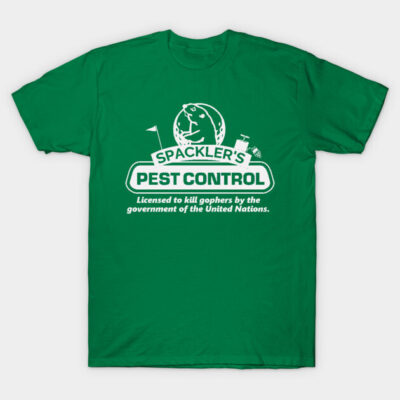 Green "Spackler's Pest Control" T-shirt, humorous print, casual wear, cotton material, unisex style.