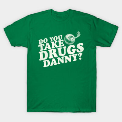 Green cotton graphic t-shirt with humorous text design, casual wear.