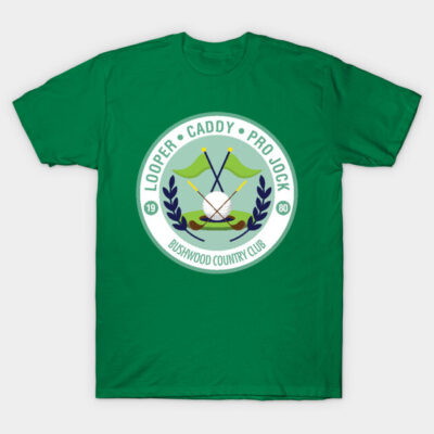 Green t-shirt with golf-themed emblem, featuring crossed clubs and laurel wreath, ideal for casual wear or golf enthusiasts.
