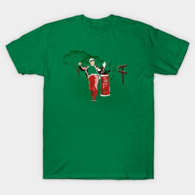Green graphic t-shirt featuring a whimsical outdoor scene with vibrant red accents, ideal for casual wear.