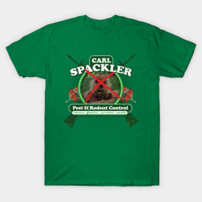 Green graphic tee with "Pest & Rodent Control" design, humorous style, perfect for casual wear.