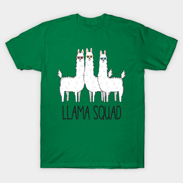 Green t-shirt with playful llama squad graphic, casual style, ideal for everyday wear.