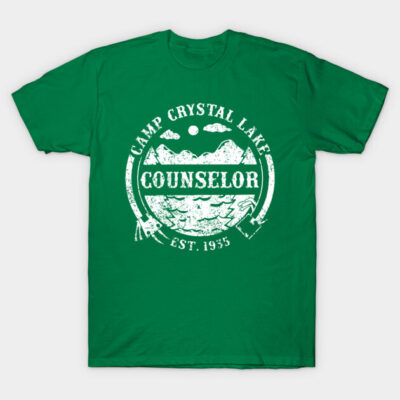 Green "Camp Crystal Lake Counselor" t-shirt, vintage style, cotton material, casual wear.