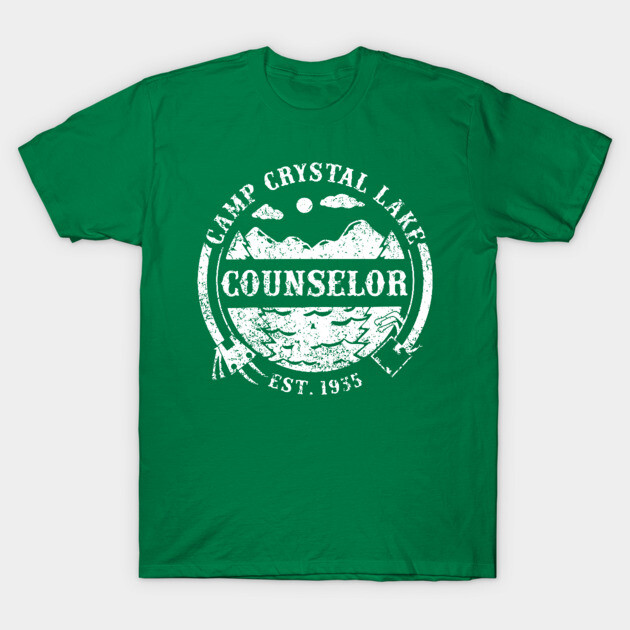 Green "Camp Crystal Lake Counselor" t-shirt, vintage style, cotton material, casual wear.