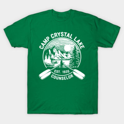 Green Camp Crystal Lake t-shirt with white graphic, casual style, cotton material, ideal for outdoor enthusiasts.
