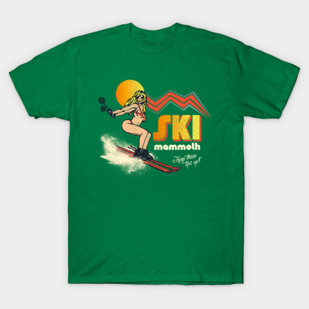 Green "Ski Mammoth" graphic T-shirt featuring vintage skiing design, perfect for casual wear and ski enthusiasts.