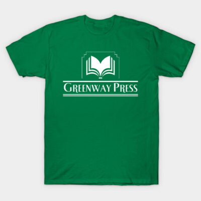 Green t-shirt with white "Greenway Press" logo, featuring an open book design, casual style, cotton material.