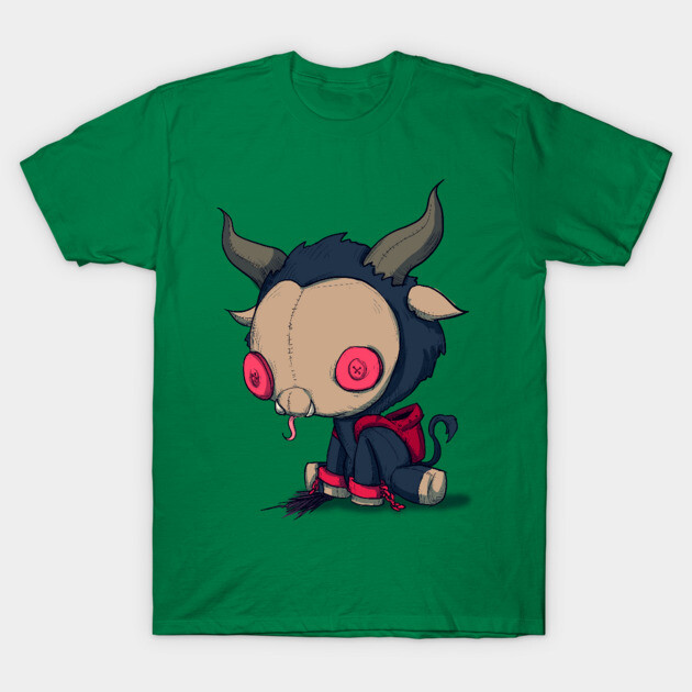Green t-shirt with cute monster design, featuring red button eyes and horns, perfect for casual wear or gifting.