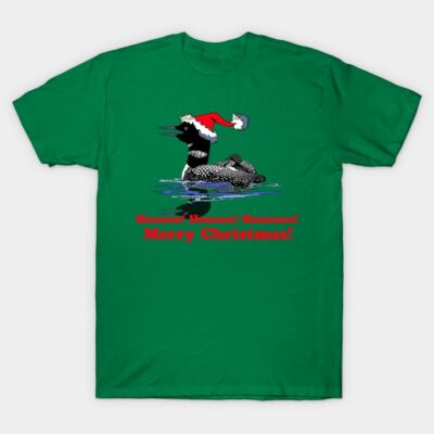 Green Christmas T-shirt with loon design and festive text, ideal for holiday celebrations. Cotton material, unisex style.