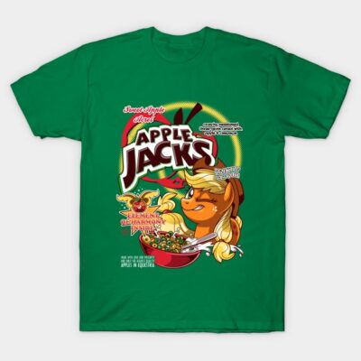 Green graphic t-shirt featuring colorful cartoon design inspired by cereals. Comfortable, casual wear for fans.