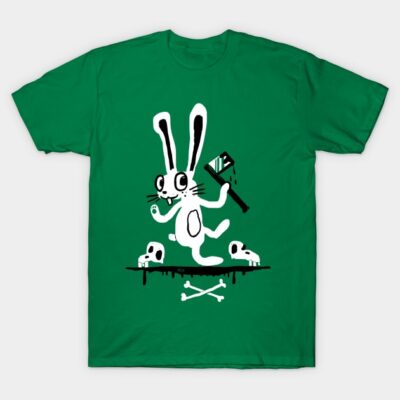 Green t-shirt with a quirky white rabbit graphic, featuring a playful and edgy design, perfect for casual wear.