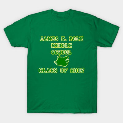 Green James K. Polk Middle School Class of 2007 T-shirt with yellow print, casual style, 100% cotton.