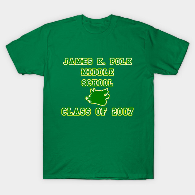 Green James K. Polk Middle School Class of 2007 T-shirt with yellow print, casual style, 100% cotton.