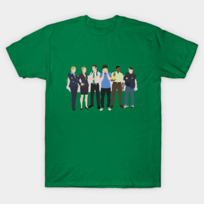 Green t-shirt with abstract character design, casual style, soft cotton material. Ideal for everyday wear.