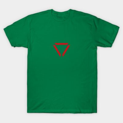 Green t-shirt with red geometric logo, casual style, 100% cotton, ideal for everyday wear.