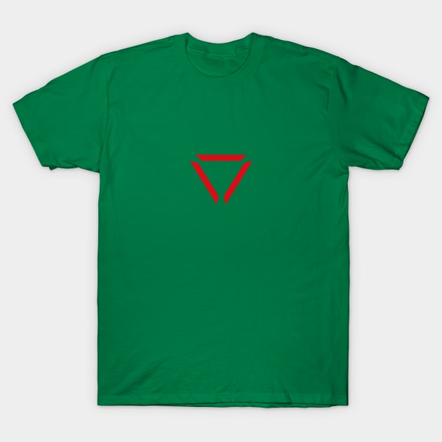 Green t-shirt with red geometric logo, casual style, 100% cotton, ideal for everyday wear.