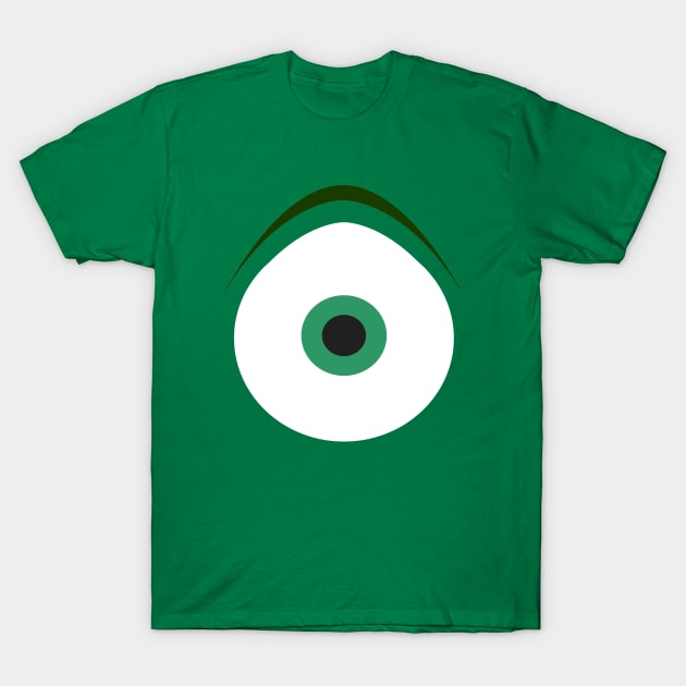 Green t-shirt featuring a minimalist one-eyed monster design, perfect for casual wear, 100% cotton.