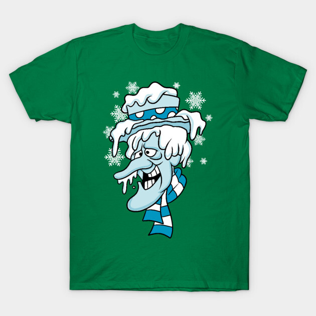 Green graphic t-shirt featuring a cartoon icy snowman design with snowflakes, perfect for casual winter wear.