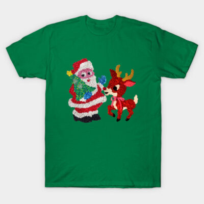 Green Christmas T-shirt with festive Santa and reindeer design, cotton material, holiday apparel.