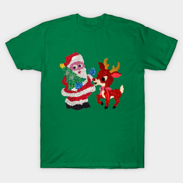 Green Christmas T-shirt with festive Santa and reindeer design, cotton material, holiday apparel.