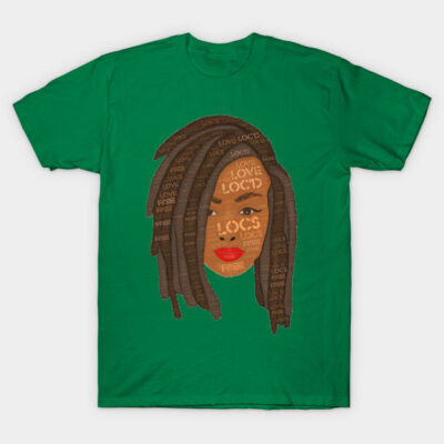 Green T-shirt featuring artistic face with locs design, perfect for casual wear, made from soft cotton.