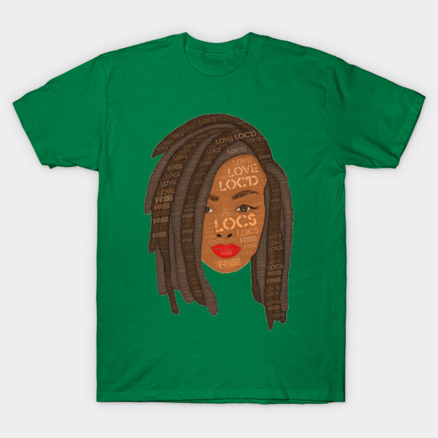 Green T-shirt featuring artistic face with locs design, perfect for casual wear, made from soft cotton.