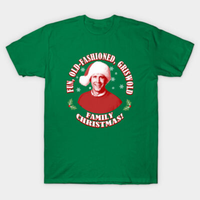 Green Christmas-themed t-shirt with festive print and snowy background, perfect for holiday celebrations.