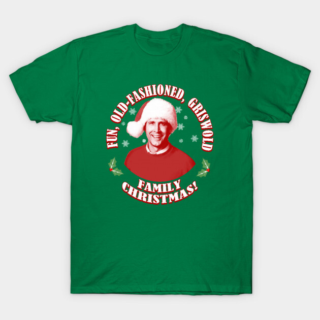 Green Christmas-themed t-shirt with festive print and snowy background, perfect for holiday celebrations.