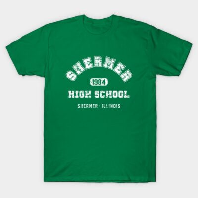 Green "Shermer High School 1984" graphic t-shirt, casual style, cotton material, perfect for everyday wear.