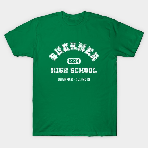 Green "Shermer High School 1984" graphic t-shirt, casual style, cotton material, perfect for everyday wear.