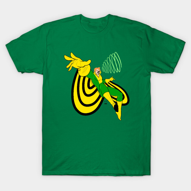 Green graphic t-shirt with a bold yellow and black design, made from soft cotton for casual wear.