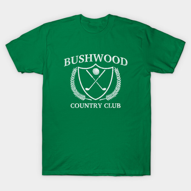 Green "Bushwood Country Club" T-shirt, classic fit, casual wear, cotton material, golf-themed design.