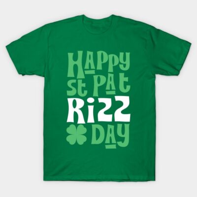 Green "Happy St Pat Rizz Day" T-shirt with shamrock, perfect for St. Patrick's Day celebrations, cotton material.