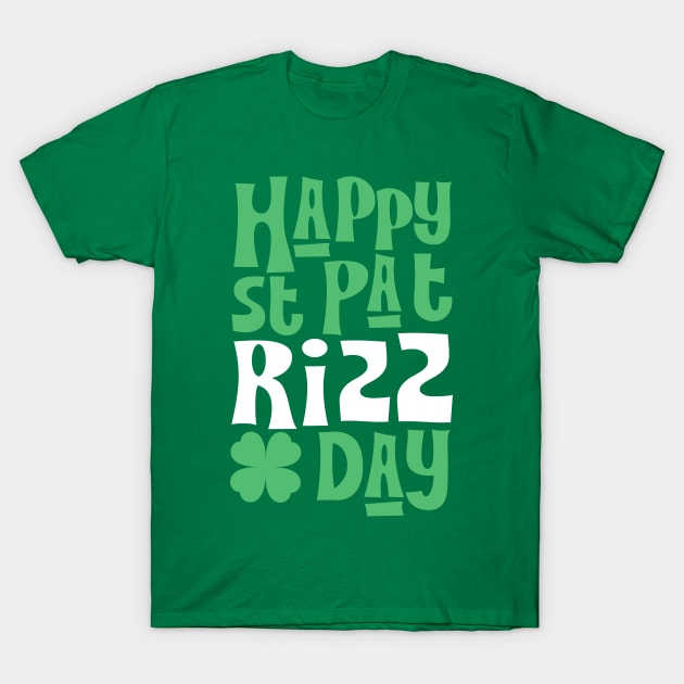Green "Happy St Pat Rizz Day" T-shirt with shamrock, perfect for St. Patrick's Day celebrations, cotton material.