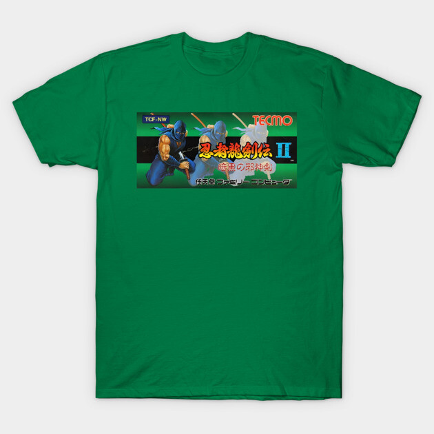 Green graphic tee with retro ninja design, perfect for casual wear, made from soft cotton for comfort and style.