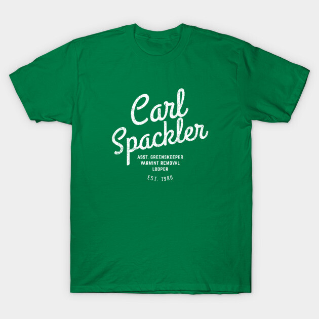 Green t-shirt with "Carl Spackler" text, casual style, ideal for everyday wear, made from soft cotton fabric.