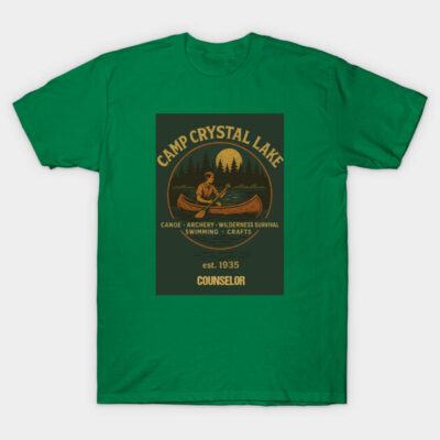 Green Camp Crystal Lake T-shirt, vintage style, canoeing graphic, cotton fabric, outdoor theme.
