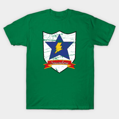 Green T-shirt with shield and star graphic, featuring a lightning bolt and red banner. Perfect for casual wear.