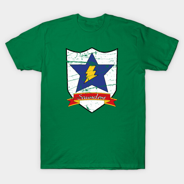 Green T-shirt with shield and star graphic, featuring a lightning bolt and red banner. Perfect for casual wear.