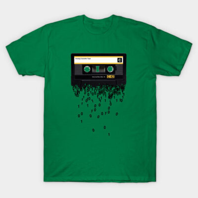 Green t-shirt with retro cassette tape graphic and binary code design, ideal for music enthusiasts, 100% cotton.