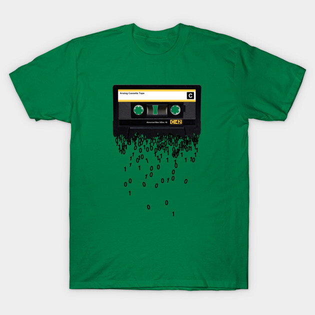 Green t-shirt with retro cassette tape graphic and binary code design, ideal for music enthusiasts, 100% cotton.