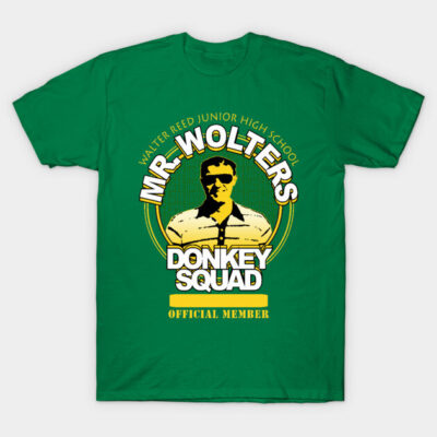 Green "Mr. Wolters Donkey Squad" graphic t-shirt, casual style, made from cotton, perfect for everyday wear.