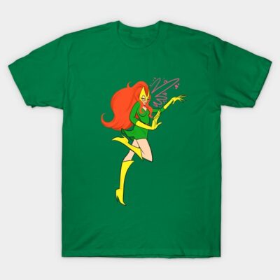 Green t-shirt with vibrant superhero graphic, featuring red and yellow colors, made from soft cotton for casual wear.