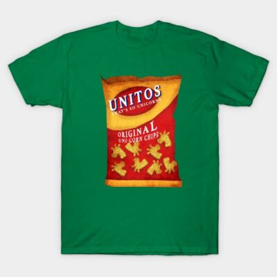 Green t-shirt with a colorful chips bag design on the front, featuring unicorn-shaped chips and bold text. Cotton material.