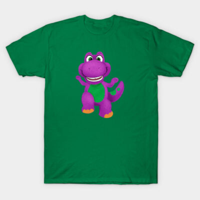 Green t-shirt with purple cartoon dinosaur graphic, cotton material, casual wear, unisex design, fun style.